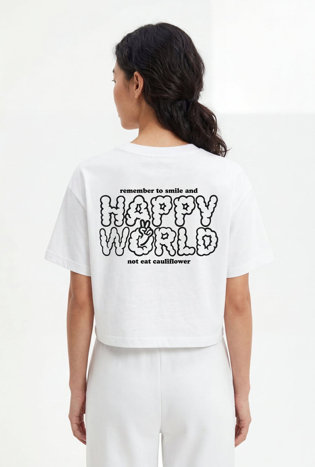 Happy World Crop Tee — White